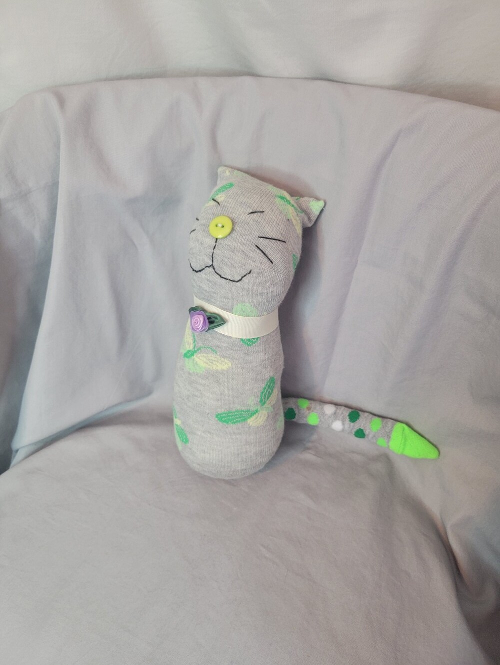 Handmade Gray & Green Cat Sock Plush Stuffed Animal